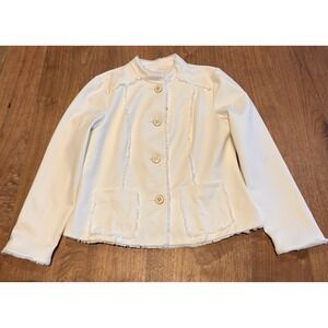 Chico's Size‎ 1 White Textured Button Front Jacket Frayed Trim